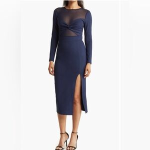 Love by Design Celia Illusion Mesh Ruched Midi Dress Navy Blue Size L NWT